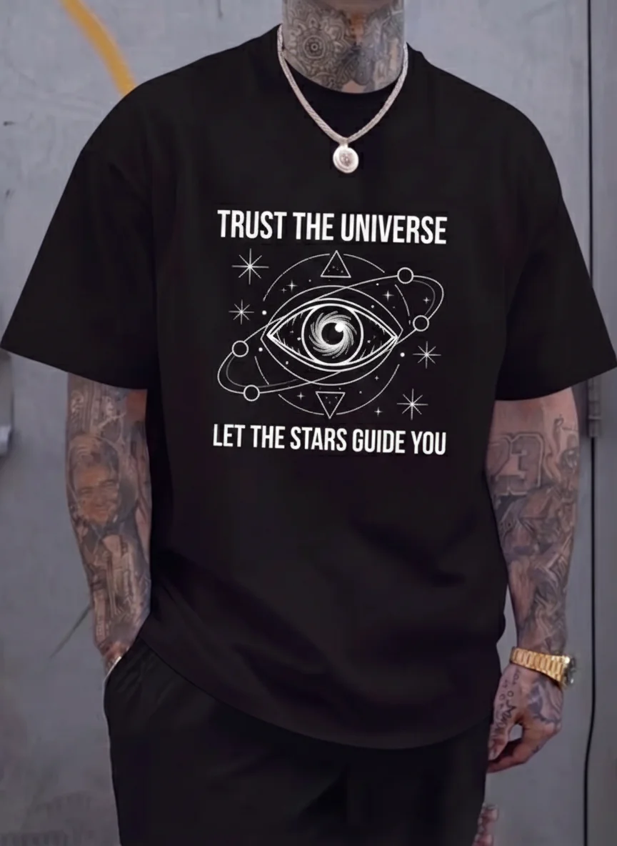 

Mystic Eye Astronomy Graphic Tee Trust the Universe Printed Tee with Celestial Stars Orbit Design Vintage White Print on Black