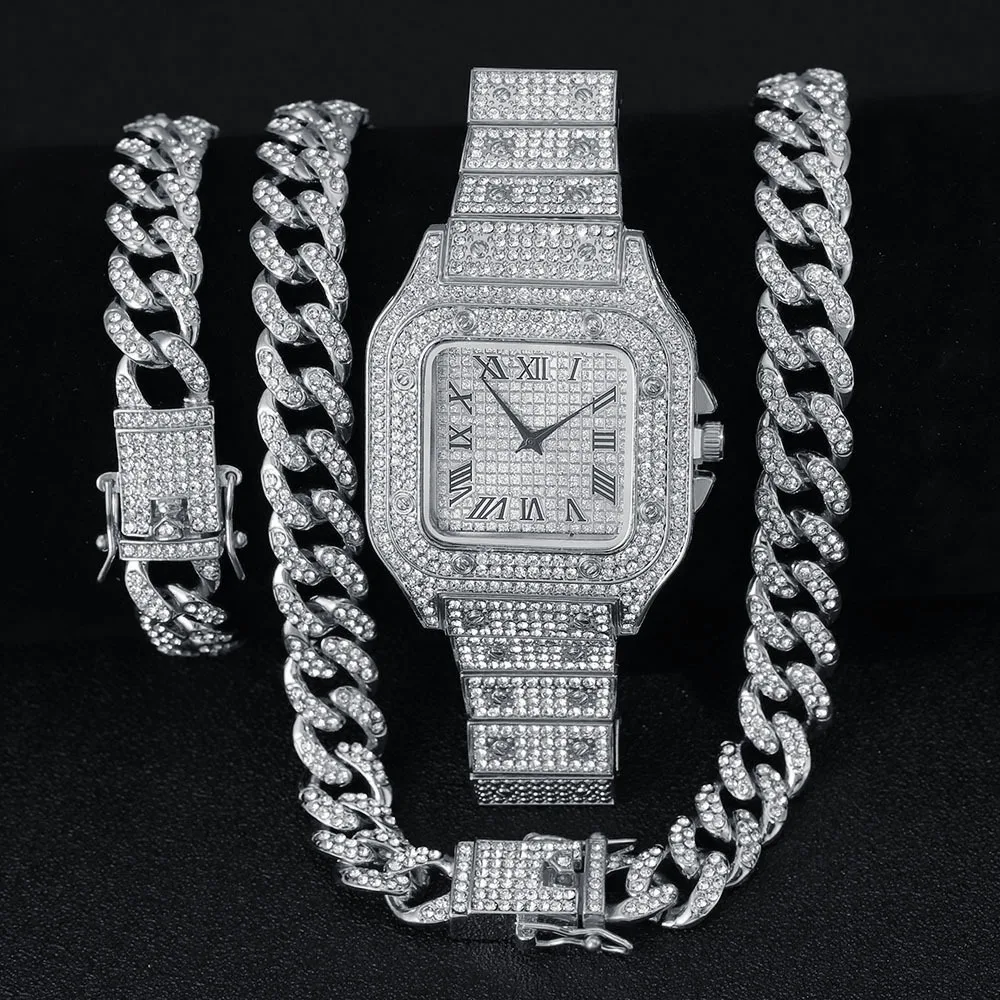 3pcs/set, Rhinestone Studded Men\'s Watch & Hip-hop Miami Cuban Chain Bracelet Necklace Set (with Watch Strap Adjuster)