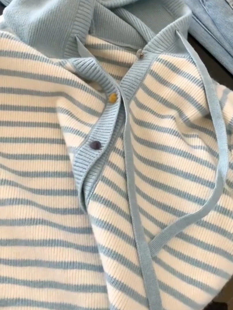 Korean Sle Women's College Sweet Stripes Open Cardigan Hoodie Loose Slim Winter Knitted Top Warm Long Sve Hooded Sweater