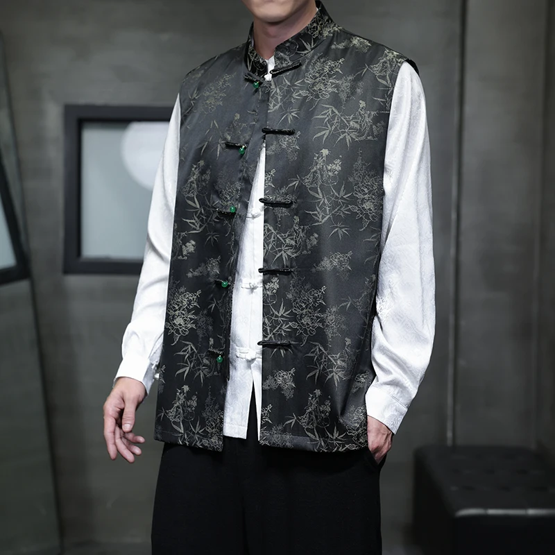 

Новинка 2025 года, китайский мужской костюм Тан, жилет с цветочной вышивкой, подставка, длинный свеч-джак, осенняя одежда