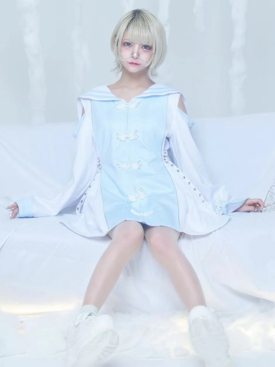 

Sailor Collar Chinese Style Long-sleeved Dress Fashion Elegant Sweet Cute Casual Short Dresses for Women 2025 New Spring Autumn