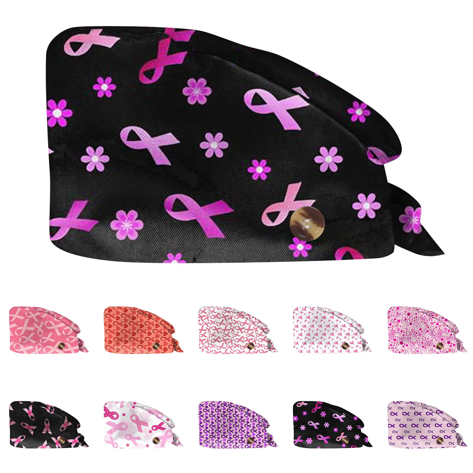 Gorro de enfermería de alta calidad con estampado de cinta rosa para hombre y mujer, gorro exfoliante con botones, accesorios de uniforme de enfermera, gorro quirúrgico de trabajo