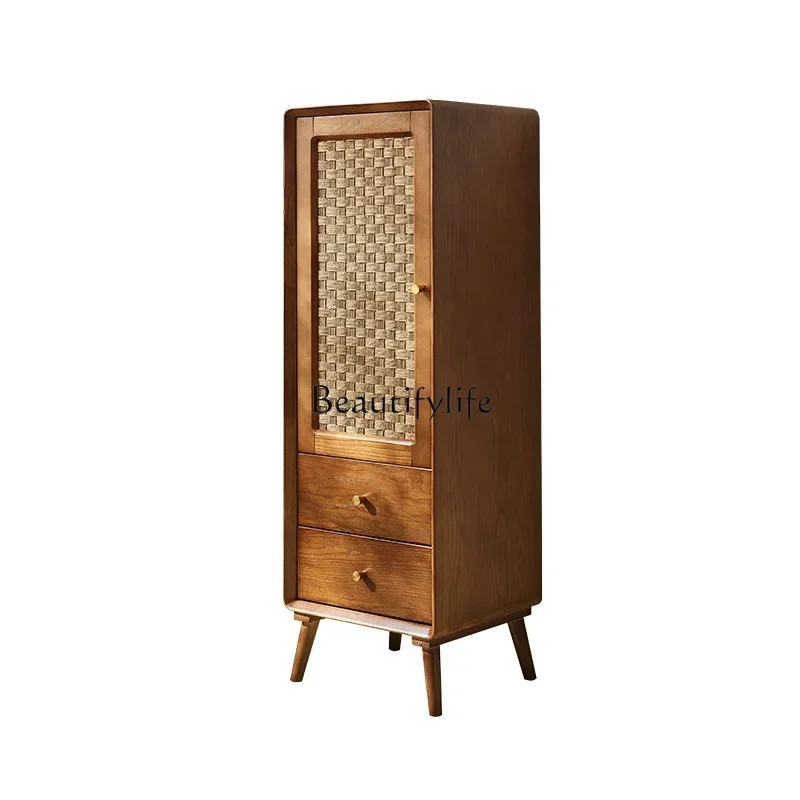 

LDNordic solid wood retro wabi wind locker multi-functional high and low homestay rattan storage cabinet