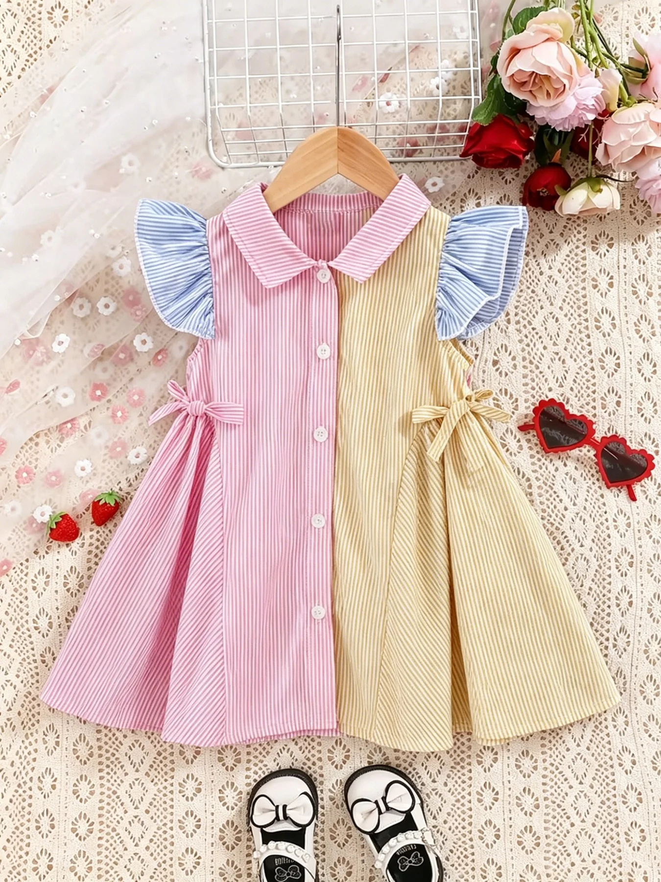 Gestreiftes Kleid mit Farbblock-Design für Kinder, Baby-Kragen, ärmellos, mit Rüschenkante, einreihig, knielang, für Mädchen – Detail 8