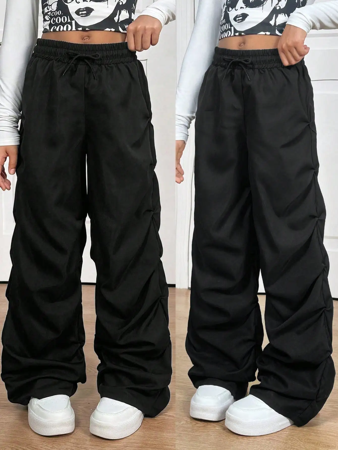 

Черные широкие плиссированные брюки-карго для подростков, свободный крой в уличном стиле