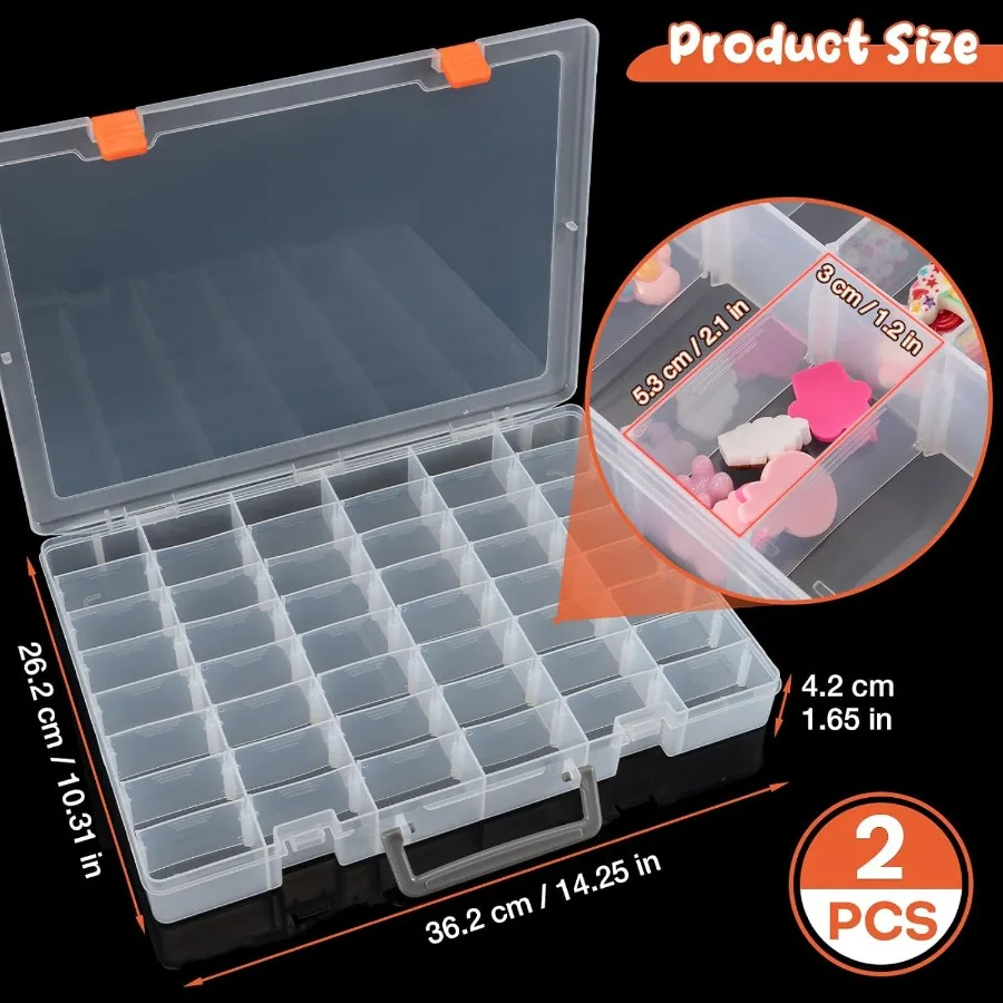 Paquete de 2 cajas organizadoras grandes de plástico transparente con 48 rejillas con divisores ajustables para almacenamiento de joyas, organización de cuentas, colección de rock