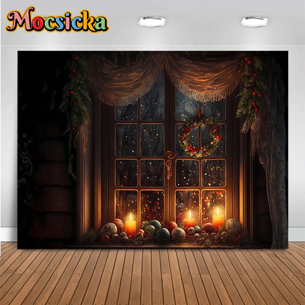 Christmas Night Room Window Decoration Backdrop Shiny Candle Wreath Snowflakes Photography Background Kids Headboard Wallpaper