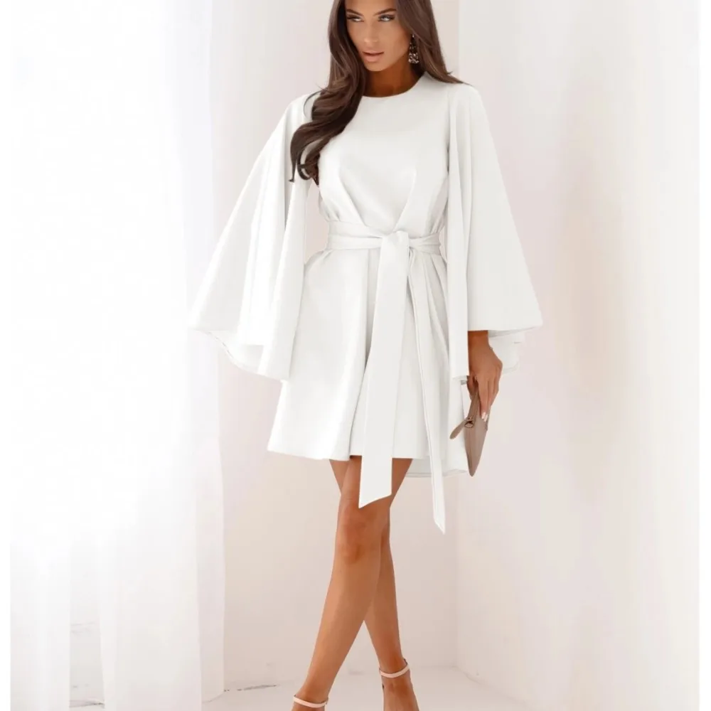 

Fashionable Solid Color Round Neck Bell Sleeves Lace Up Waist Dress Women's Autumn Long Sleeve Short Dress Elegant Party Dresses