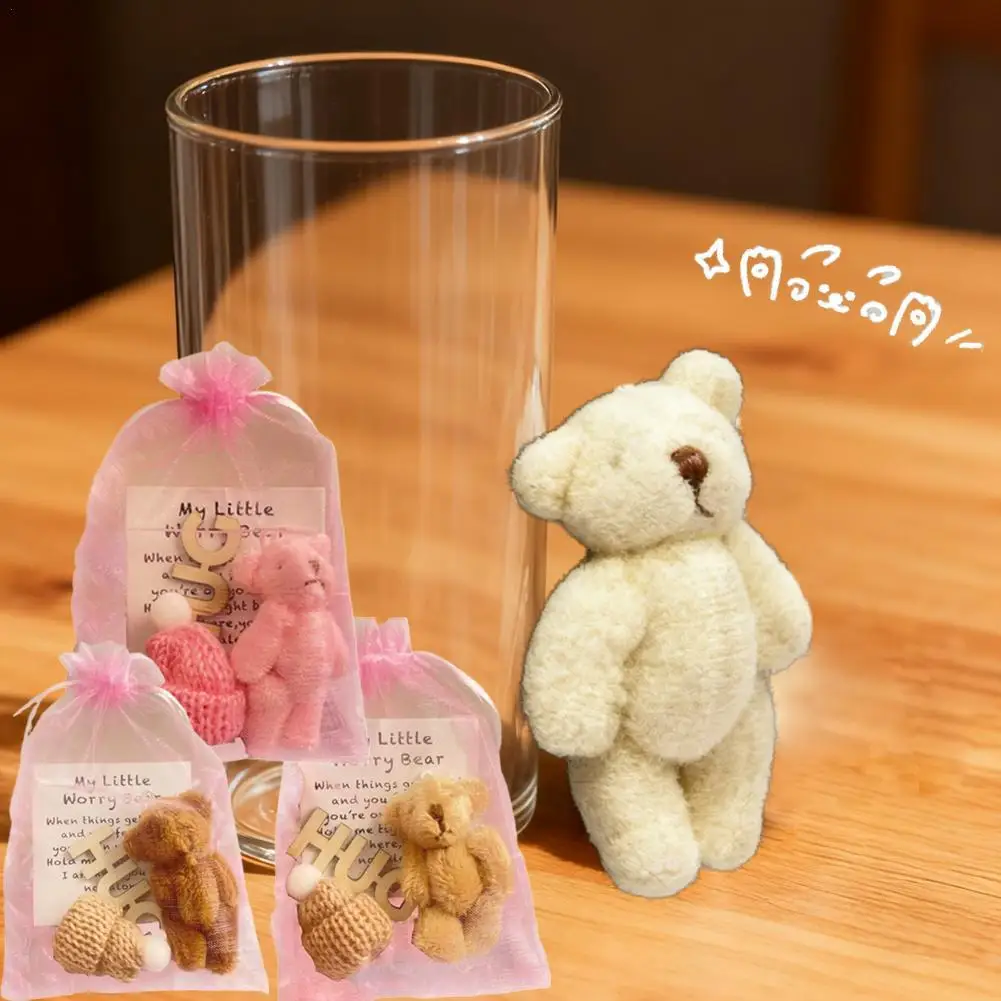 Oso de peluche de abrazo de bolsillo con bolsa de malla, Mini muñeco de oso de peluche positivo con gorro de punto, regalo de cinta rosa de Navidad