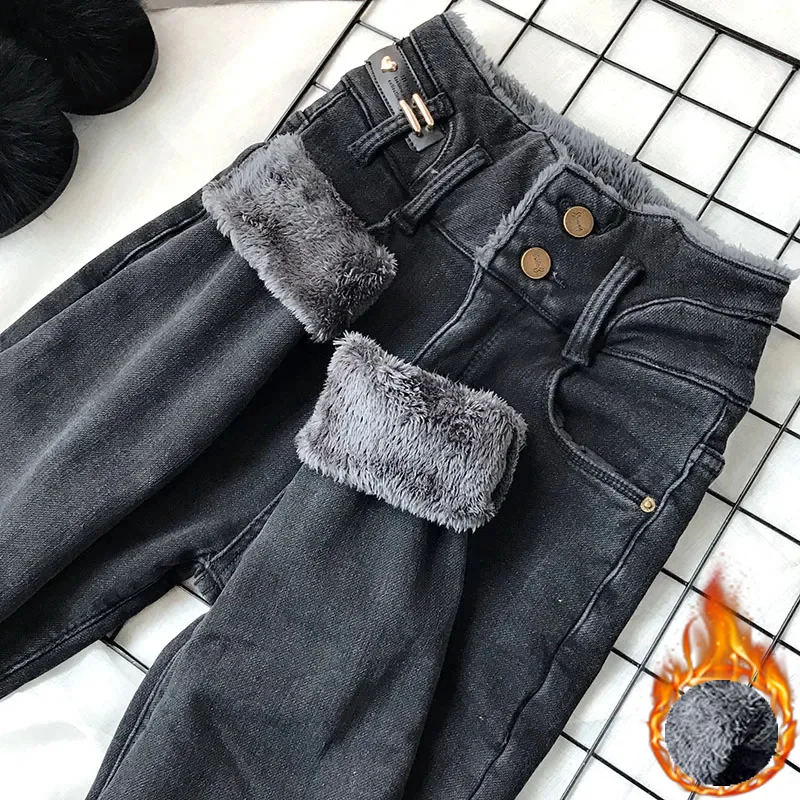 Jeans skinny doublés de velours pour femmes, pantalons crayon, taille haute, denim épais en peluche, vintage, Vaqueros chauds, hiver, nouveau, fjeros