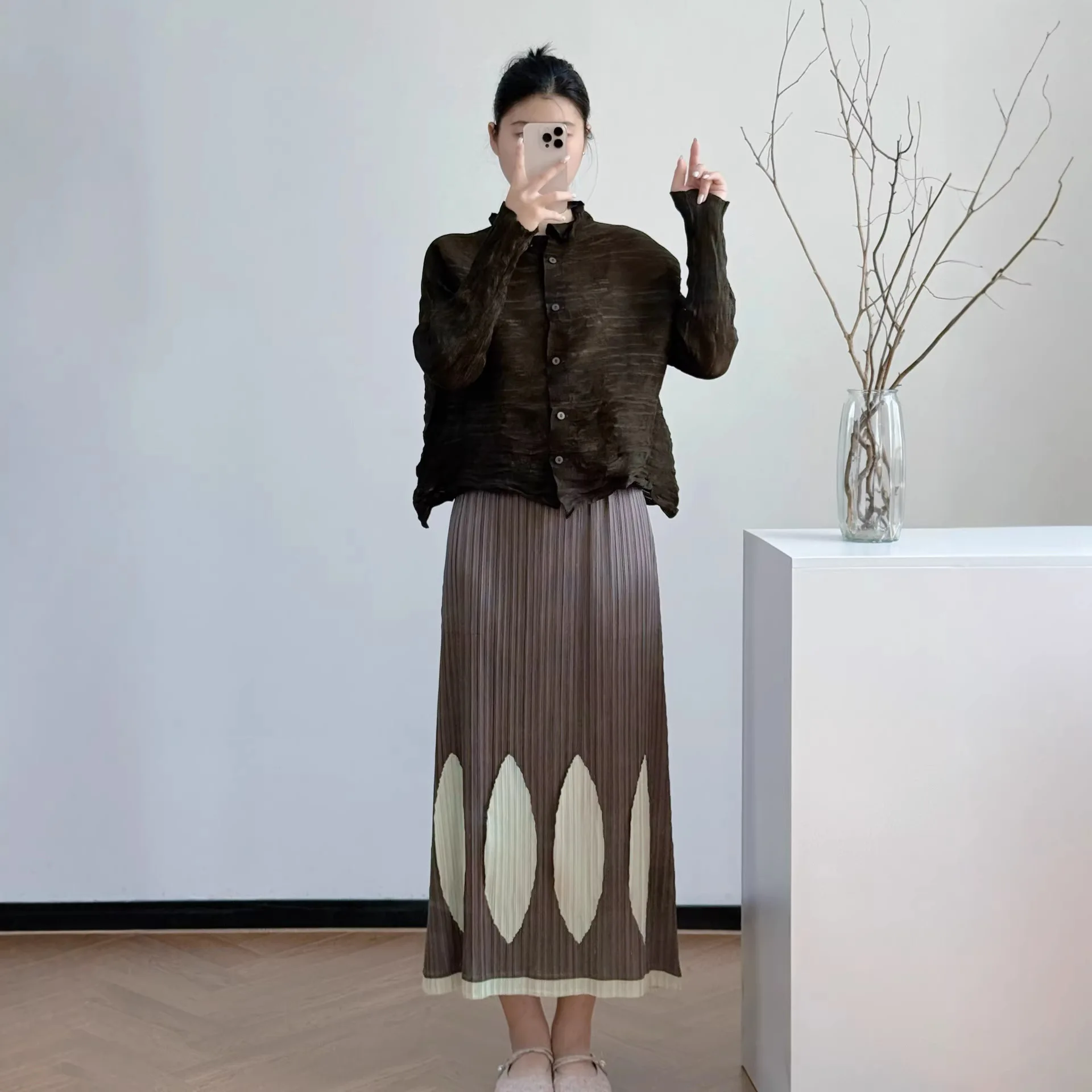 

Юбка женская Miyake, плиссированная, с принтом и листовыми аппликациями, на резинке, длинная, серия 2026, летняя новинка, модная