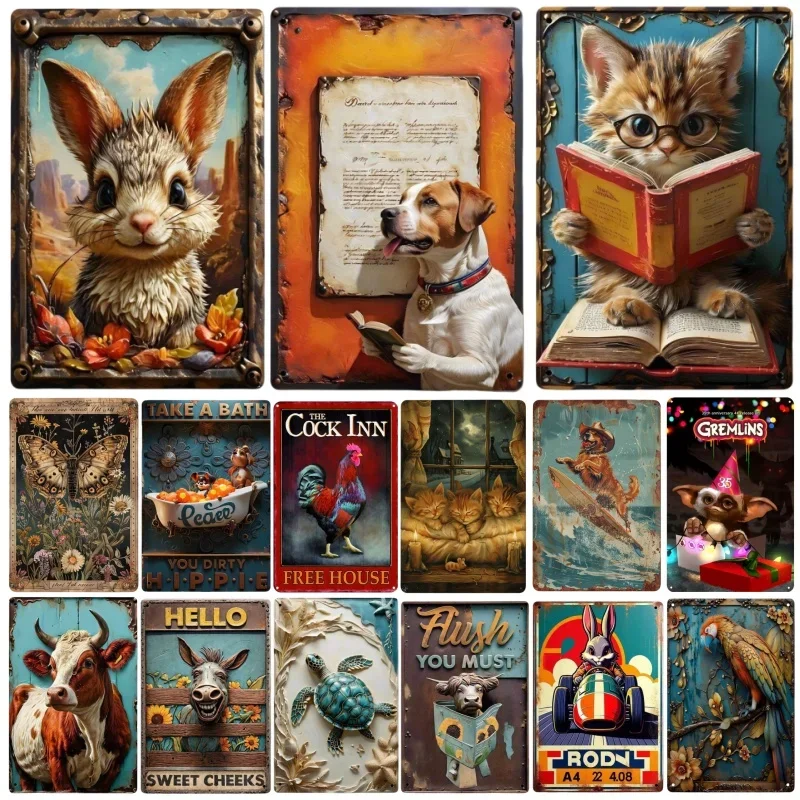 

Funny Cat Dog Animal Retro Metal Tin Signs Posters Plate Colorful Visual Effect Wall Art for Cafe Bar Office Club Party Decor