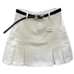 Korean Washed Cotton White Denim Pleated Skirt 2026 New Women's High Waisted Anti Glare Bodycon Short Pleated Skirt