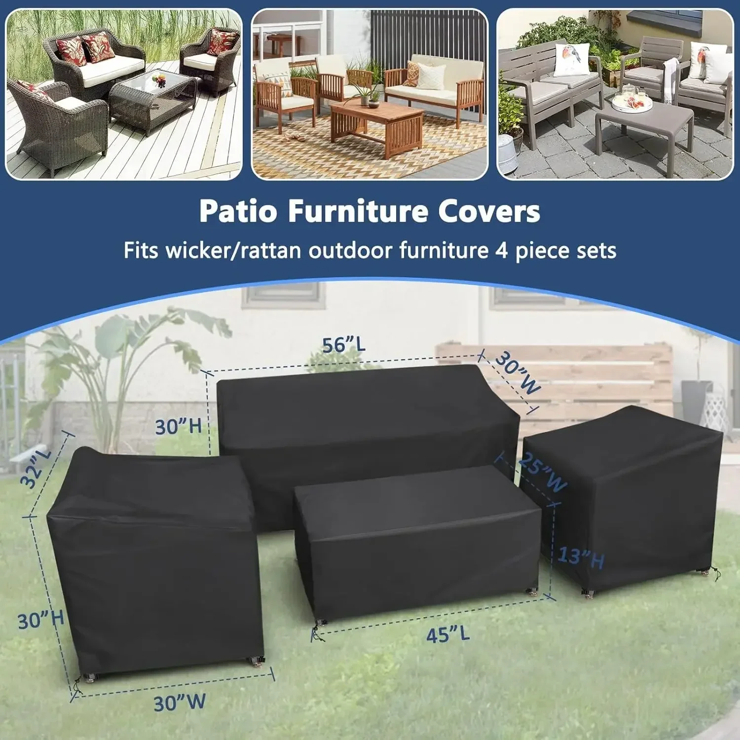 Patio Furniture Covers 4 Piece Set, Heavy Duty Waterproof Outdoor Furniture,Windproof Patio Cover for Rattan Wicker Conversation