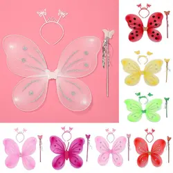 3Pcs/Set Kids Glitter Butterfly Headband Fairy Wings Wand Fancy Dress Girls Photography Outfit Children Color Fairy Tale Props