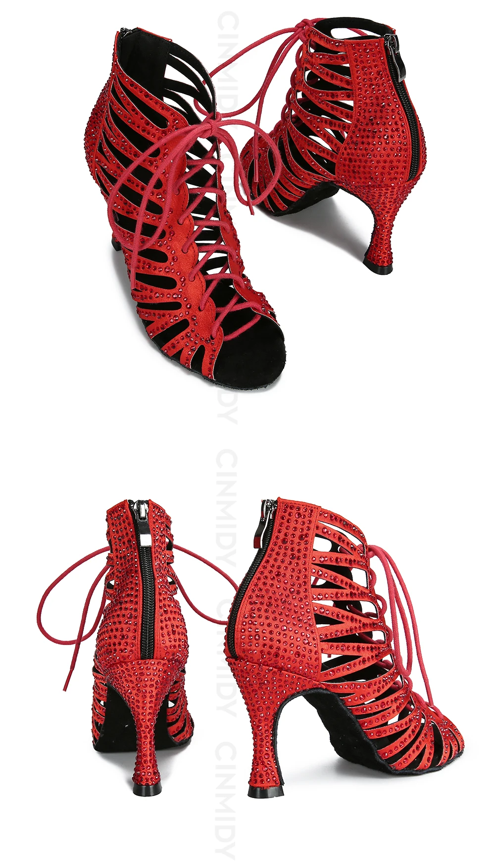 CINMIDY Schwarze Tanzschuhe für Damen Tango Salsa Latein Tanzschuhe Kubanischer Absatz Ballsaal Tanzstiefel Rote Partyschuhe zum Tanzen – Detail 15