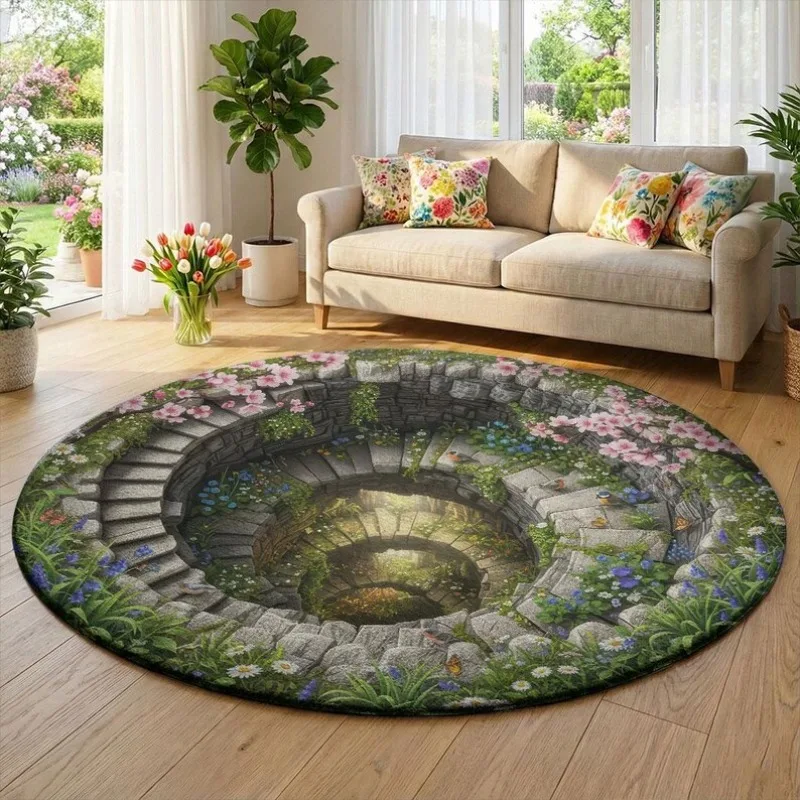 3D Optical Illusions Ancient Well Visual Effect Round Rug Soft Non Slip Living Room Carpet Spring Flowers Home Decor Floor Mat