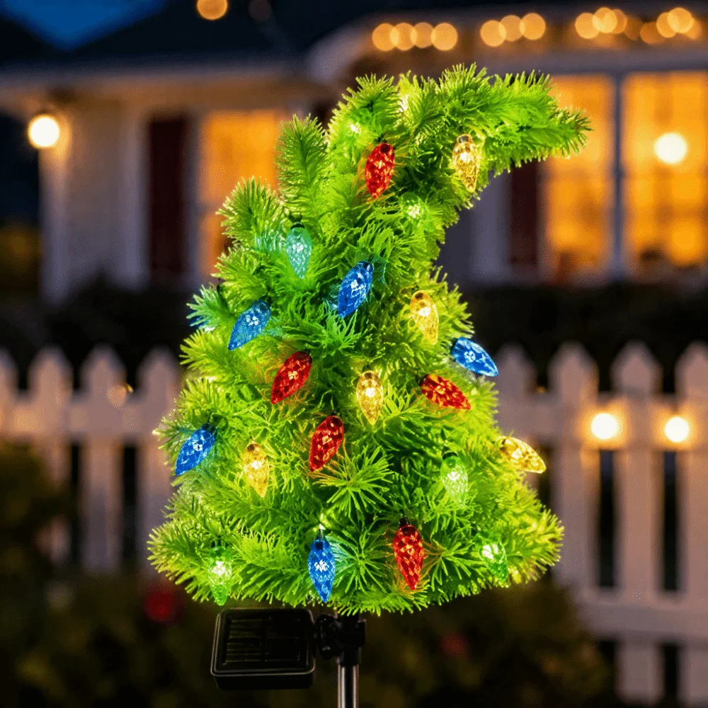 Weatherproof Solar Christmas Tree Waterproof Solar Powered Yard Decor Lights Funny Shape With Ground Stakes Night Lamp Yard