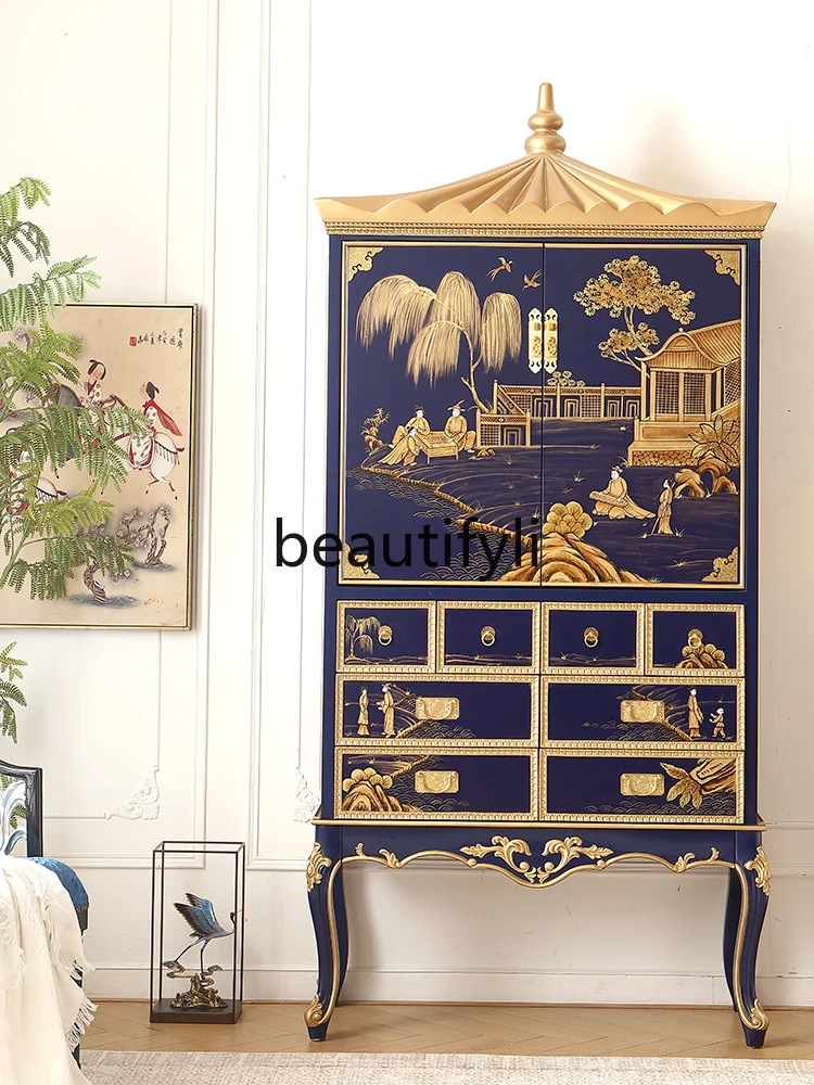 

Royal blue living room high-grade solid wood double door high-foot display cabinet wine cabinet