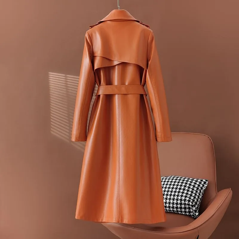 سترة واقية من الرياح للنساء سترة جلدية متوسطة الطول مع أربطة على الخصر وتناسب شكل من جلد الغنم الصناعي بدلة مزدوجة الصدر #4