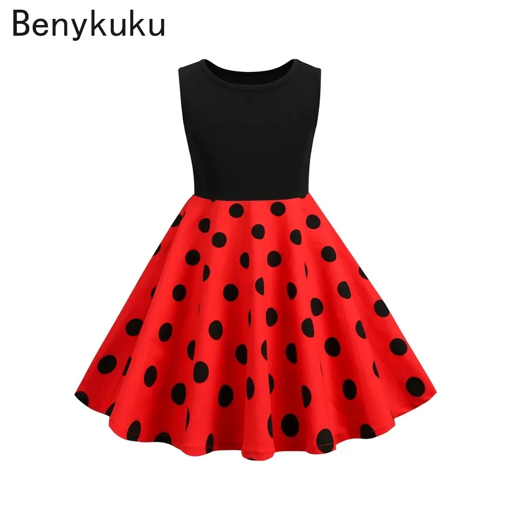 Dois tons de bolinhas meninas vestido vintage em torno do pescoço sem mangas roupas verão 2025 crianças retro 50s balanço crianças vestidos casuais