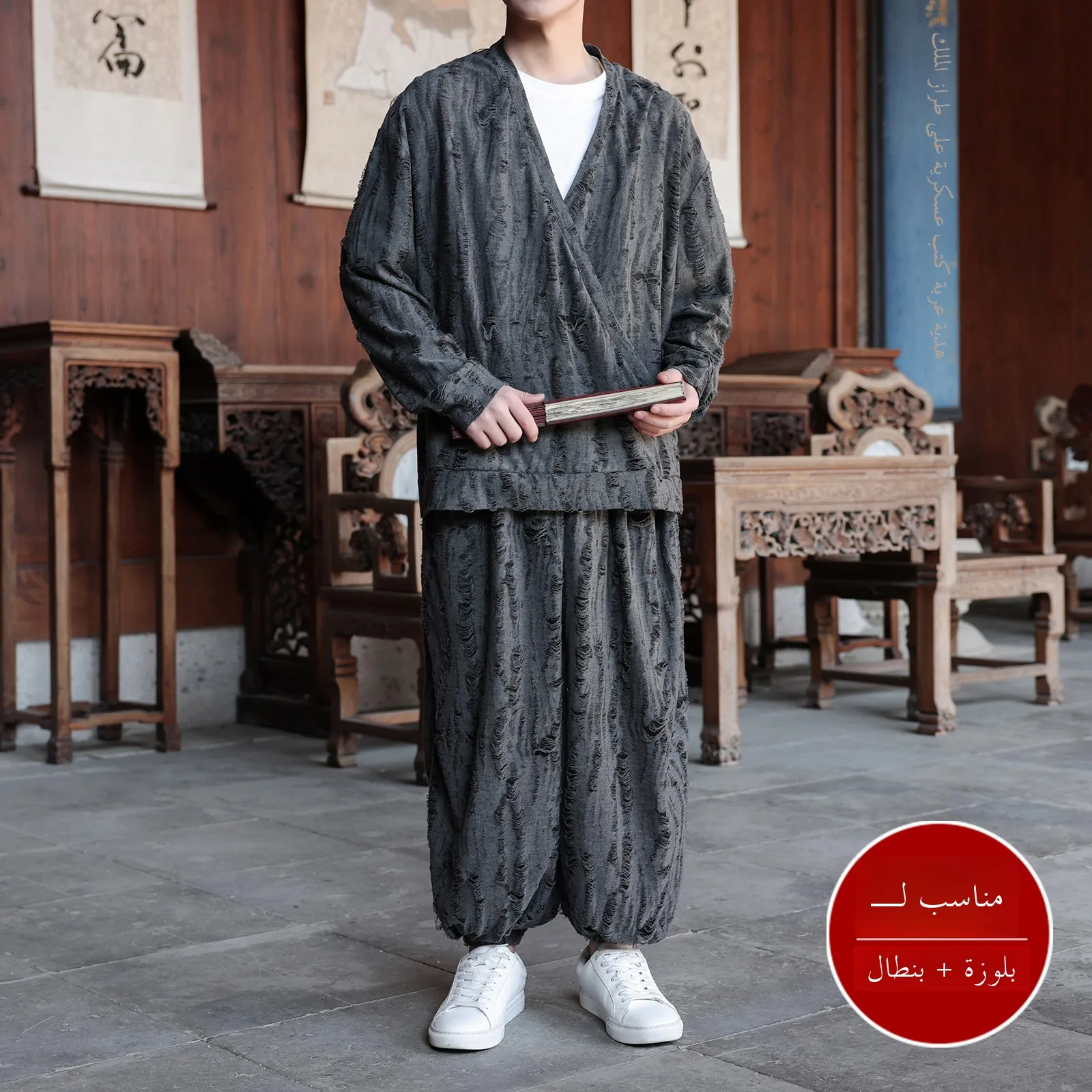 men's-long-sleeve-ice-silk-t-shirt-set-v-neck-design-sensation-hanfu-two-piece-set-casual-wear-polyester-fiber-spring-season