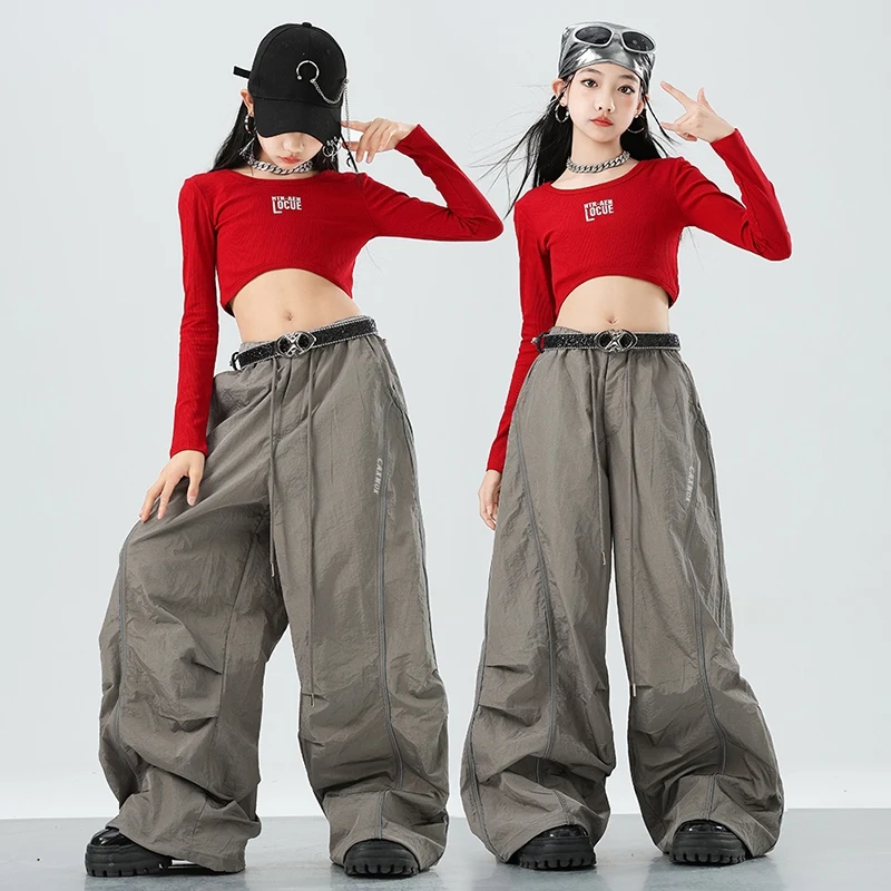 

Girls K-pop Outfits Kids Hip Hop Street Dance Costumes Children Girl Group Streetwear Red Crop Tops Grey Cargo Pants Sets XH2499