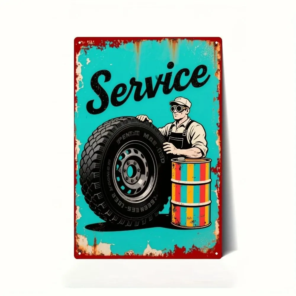 Vintage Auto Service Mechanic Tire Oil Metal Tin Sign Retro Car Shop Wall Art Decor for Garage Man Cave
