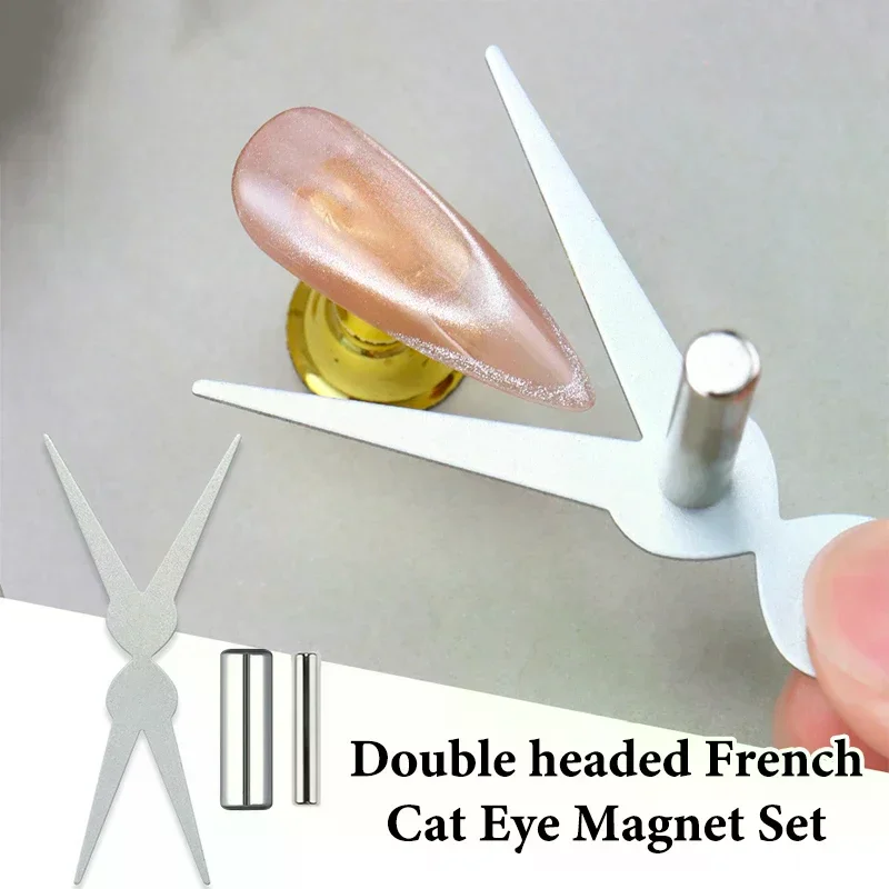 Unhas grandes em forma de y de duas cabeças, formato francês, forte ímã de olho de gato, folha de ferro, esmalte em gel para arte em unhas, efeito mag