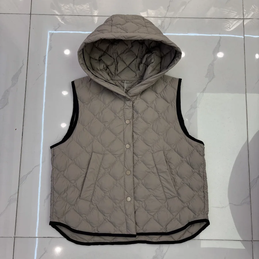 Gilet en duvet de canard blanc pour femme, coupe ajustée, à capuche, sans manches, avec motif de grille de diamant, nouvelle collection automne/hiver