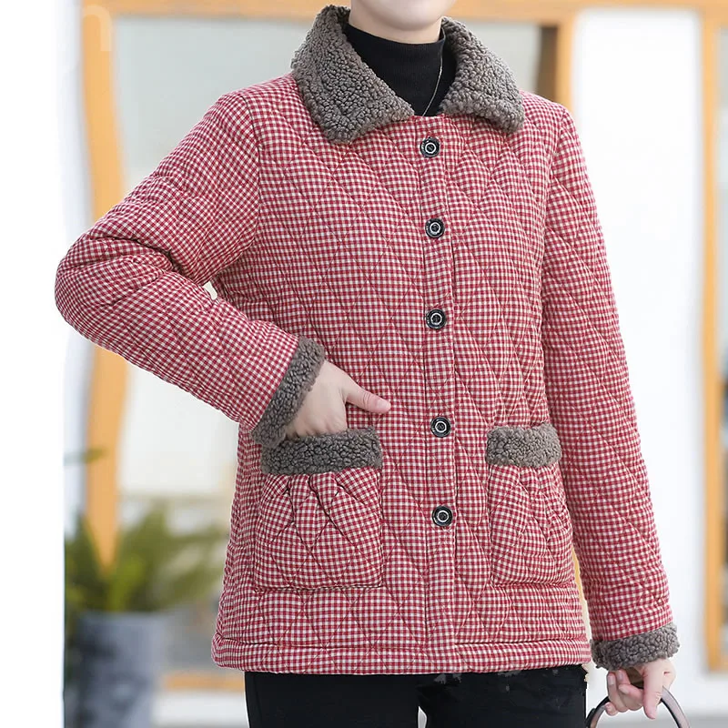 Middle-Aged Elderly Cotton Coat Women Fashion Plaid Plush Warm Parker Jacket Female Korean Loose 5XL Large Size Outerwear 2461