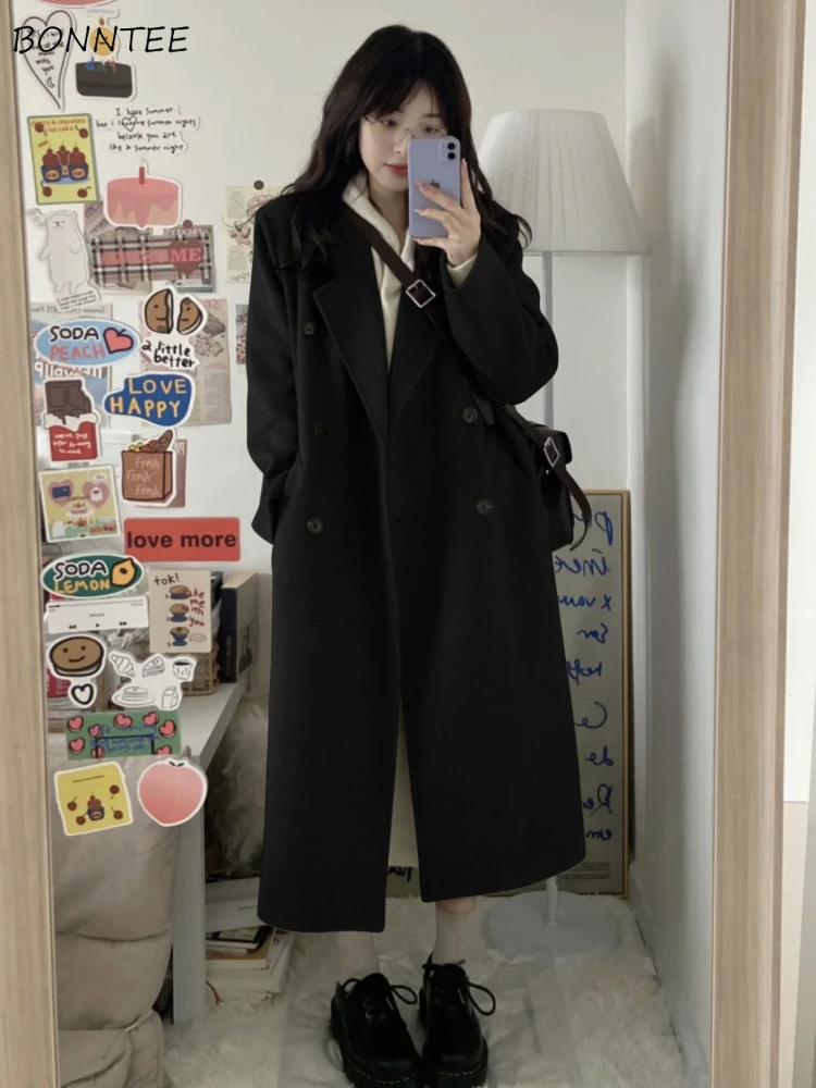 Wool Women Ins Solid Hepburn Style Korean Fashion Mid-length All-match Outerwear Autumn Winter Daily Coats Students Simple Y2k