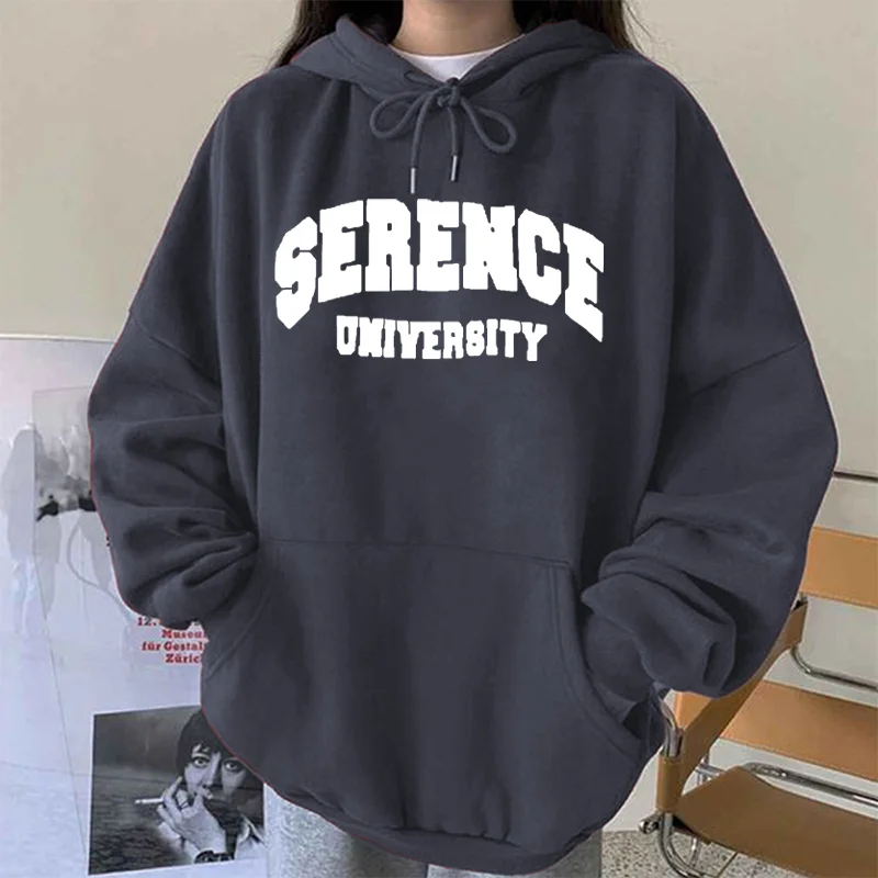 Seeyoushy Serence University Letting Print Hoodies Sweatshirt Women Harajuku Long Sleeve Pullovers Drop-shoulder Top Streetwear