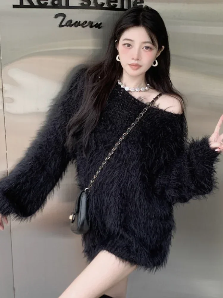 Ezgaga Sweater Women Off Shoulder Lantern Sleeve Slash Neck Knitted Tops Loose Furry Pullover Fashion Sexy Ladies Jumper