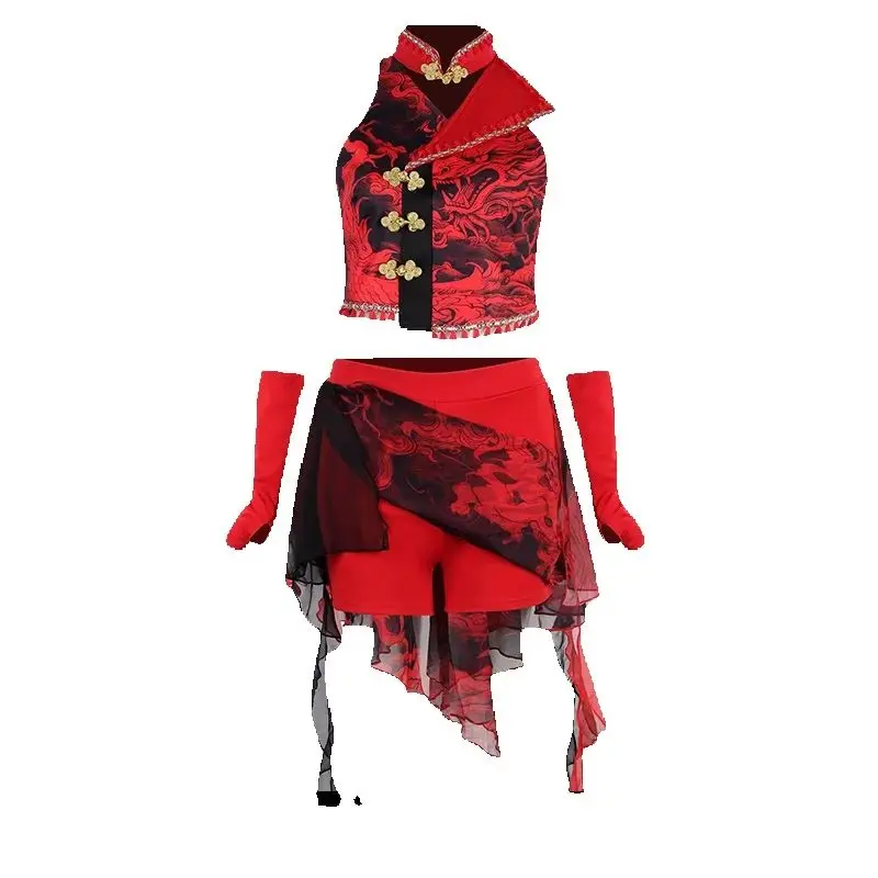 2025 ใหม่โมเดิร์นแจ๊สเต้นรำเครื่องแต่งกายสำหรับหญิงสไตล์จีนสีแดงชุดไนท์คลับบาร์ดีเจการแสดงบนเวทีเรฟเสื้อผ้า DQS20730