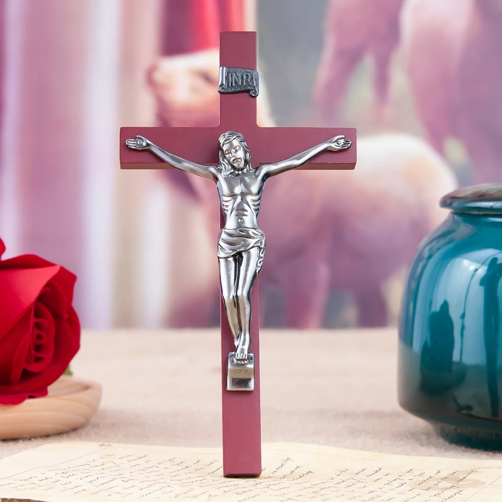 Handcrafted Wooden Catholic Cross with Silver Metal Jesus Figure Wall Mounted Religious Crucifix for Home Altar Church Decor Sac