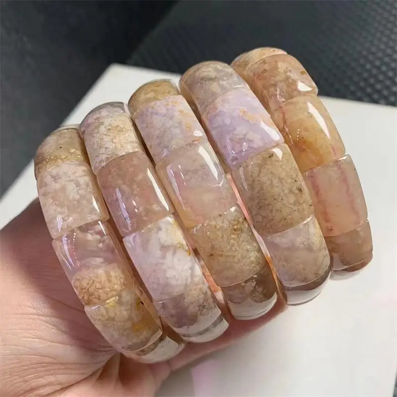 Natural Pink Flower Agate Bangle Handcarve Crystal Bracelet Real Fashion Handring Fine Jewellery 1pcs 12x15mm