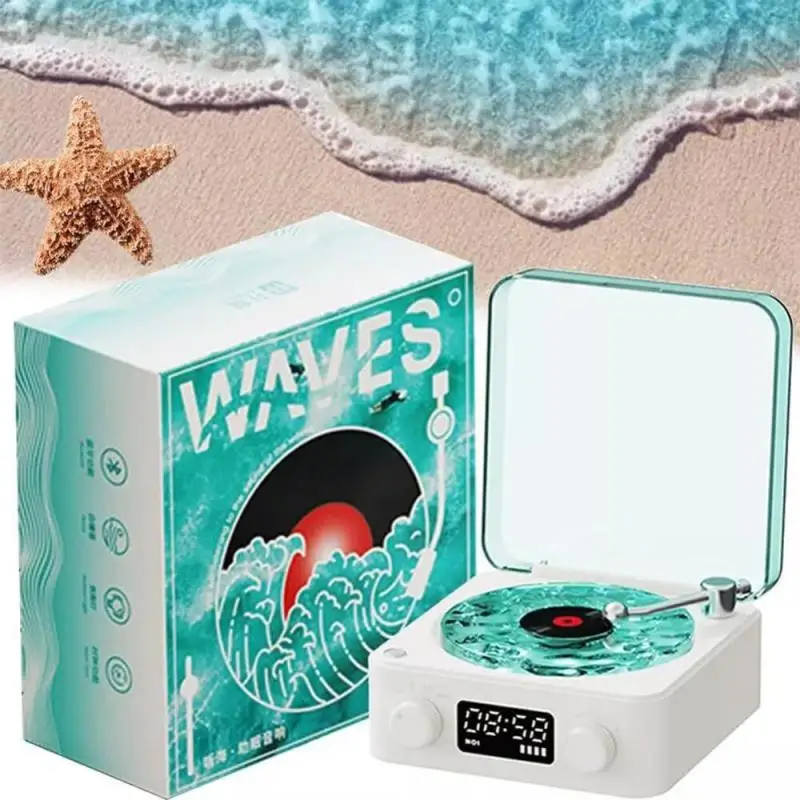 Waves Vinyl Player Bluetooth Speaker with White Noise Retro Turntable Speaker Sleep Aid Vitrola Shaped Speaker with RGB Light