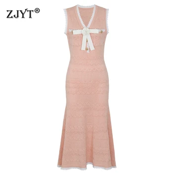 ZJYT Summer Elegant Knitted Dresses for Woman 2026 Fashion New Sleeveless Bowknot Midi Casual Party Dress Pink White Vestidos
