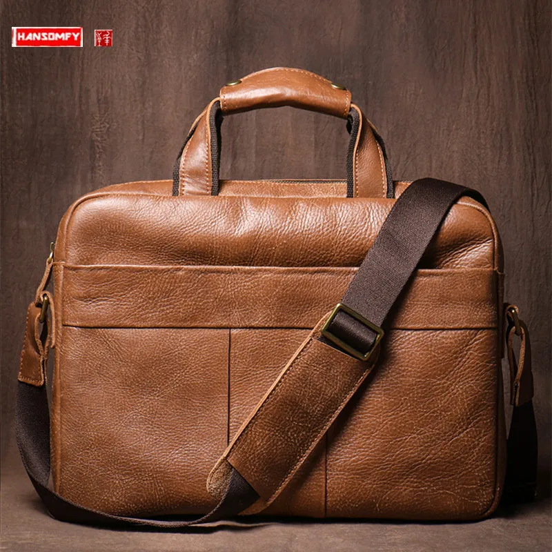 

Vintage Leather Briefcase Men Handbags Casual 14-15 Inch Laptop Bag Matte Leather Commuter Business Shoulder Messenger File Bags