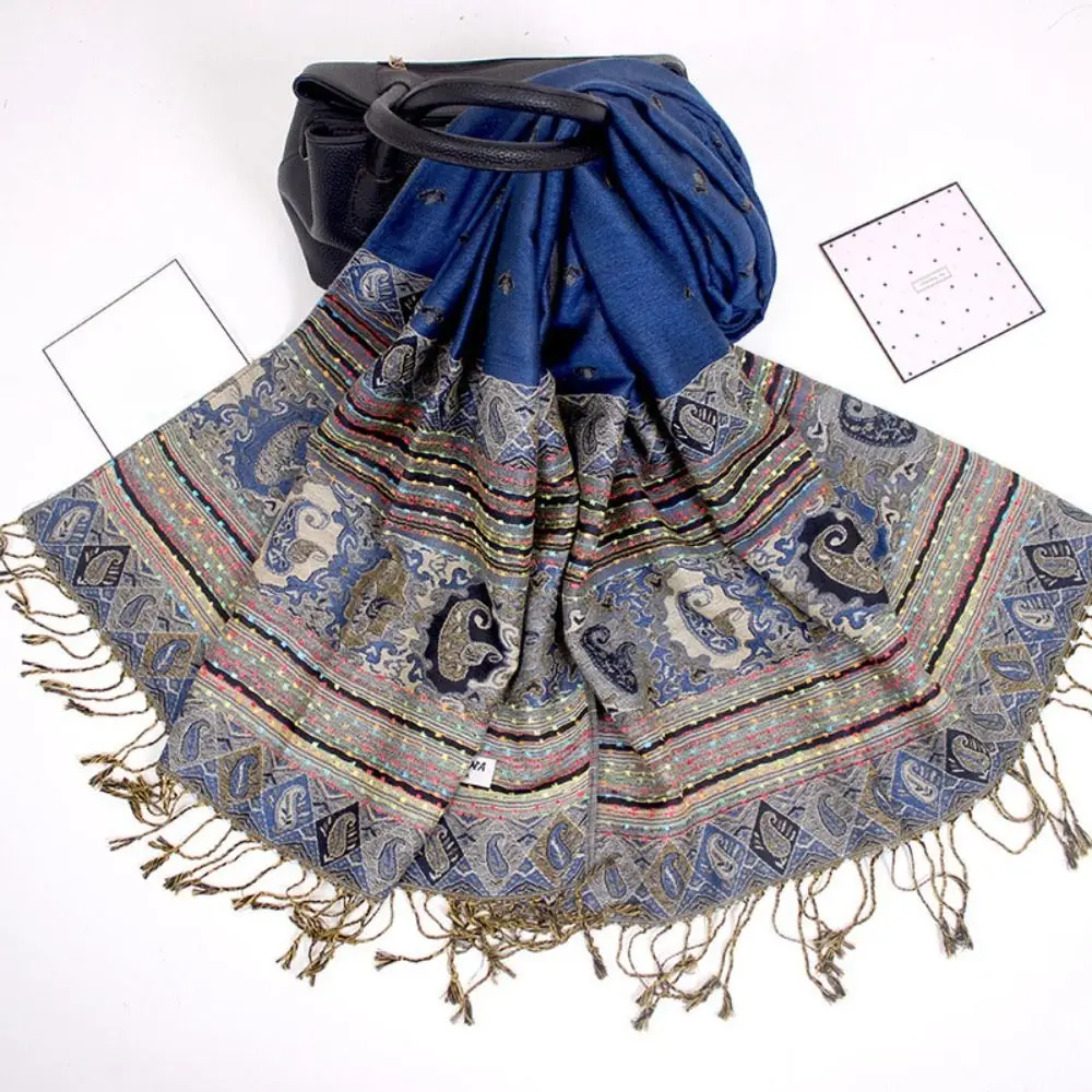 

Bohemian Style Long Cashew Jacquard Scarf Soft Polyester Shawls and Wraps with Tassel Fringed Scarves