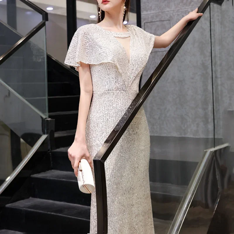 Customized Sexy Sequined Elegant Evening Dresses Slim Waist V-neck Robe Chic Sleeves Party Dress 2024 Summer Trumpet Women Shiny