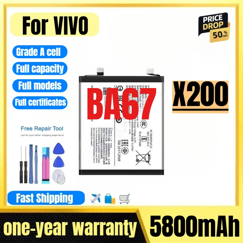 

BA67 for VIVO X200 Mobile Phone Battery 0 Cycle High Quality High Capacity Battery Replacement Bateria Grade A Cell with Tools