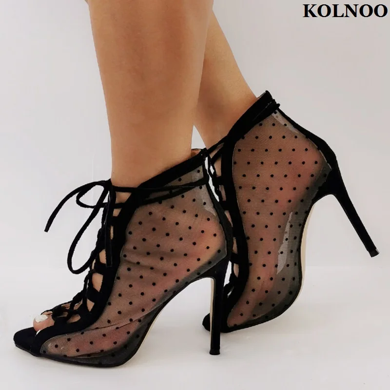 

Kolnoo New Handmade Real Photos Ladies High Heels Sandals Air-mesh Crisscross Shoelace Summer Sexy Evening Fashion Party Shoes