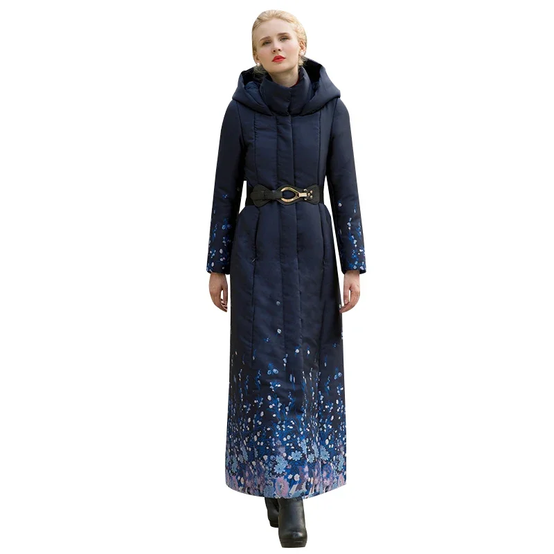 

High Quality S-4XL Cotton Wool Big Coat Women Printed Flowers Winter Navy Parka Oversized X long Jacket Warm With Belt Cap 1037