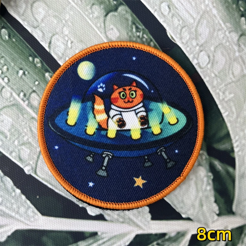 Siberian Vojvodina Cat Astronaut on UFO Chevron Military Badge Morale Printed Hook&Loop Patch Tactical Backpack Patches Stickers