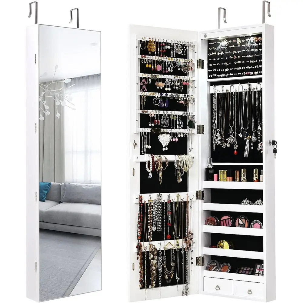 Over-the-Door Mirrored Jewelry Armoire with LED Lights and Storage for 2 Drawers (White)