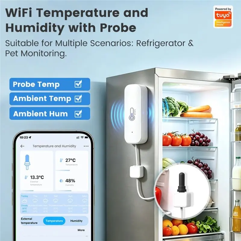 FYBL-Tuya 2.4G Wifi Temp Humidity Sensor External Probe Smart Alarm App Alert Calibration Support