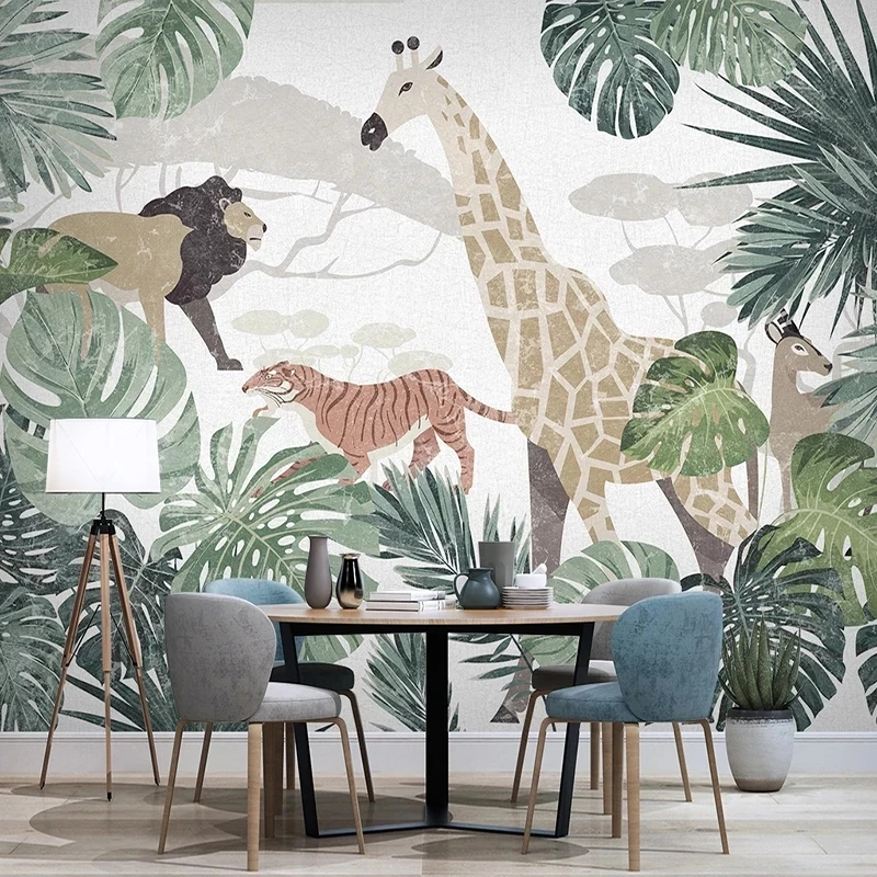 Custom Photo Nordic Tropical Plant Banana Leaf Animal Lion Tiger Giraffe Mural Bedroom Living room sofa TV background restaurant