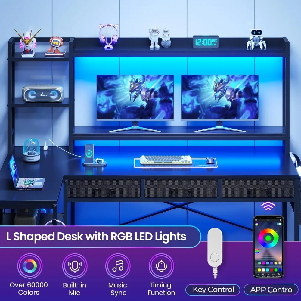 مكتب ألعاب على شكل حرف L مع مساحة تخزين، مكتب كمبيوتر 55 زاوية يتميز بقفص وأدراج، تكوين على شكل حرف L قابل للعكس #5